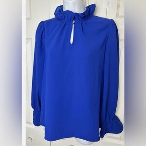 J. CREW Women’s Royal Blue LS Ruffle Neck Crepe Keyhole Top Blouse Size S